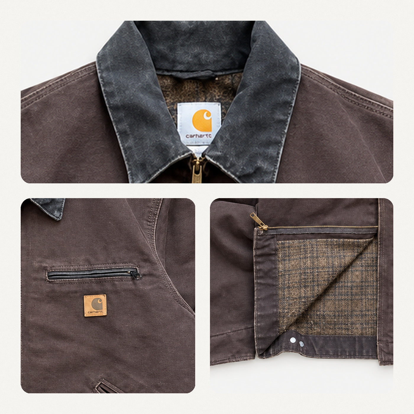 Close-up details of the workwear jacket collar, chest pocket and lining
