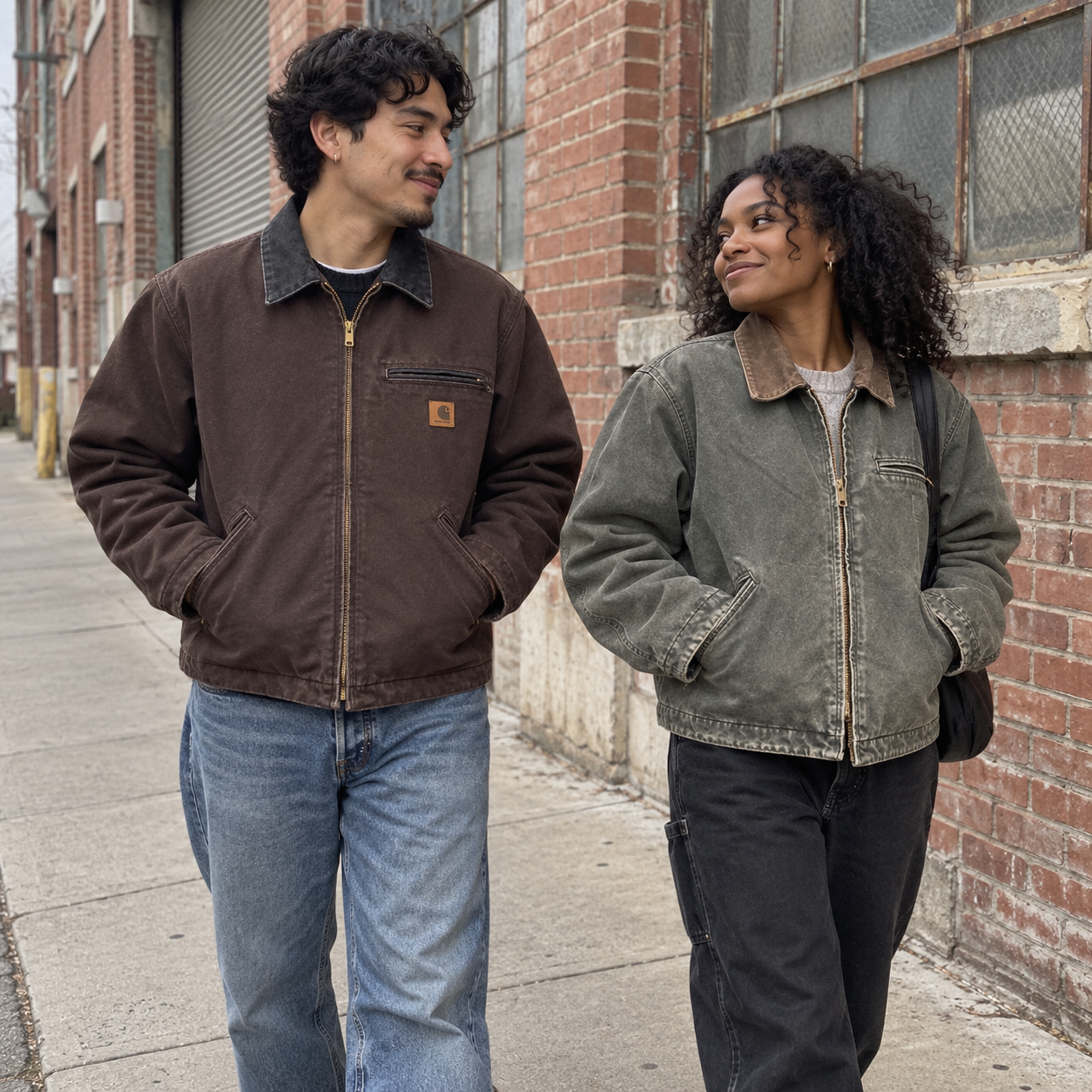 Brown and olive workwear jackets styled with relaxed denim